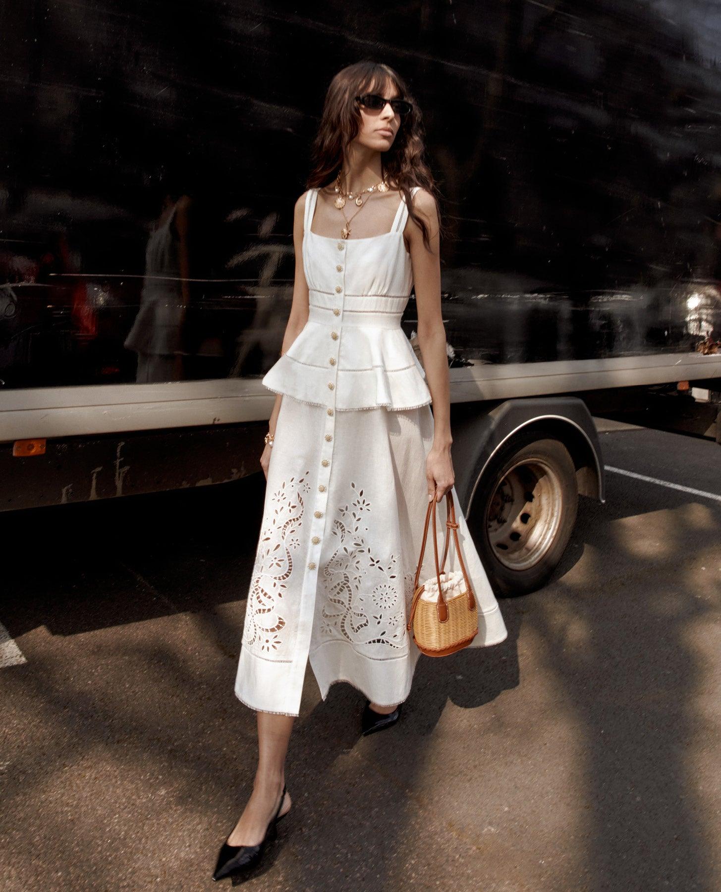 Cream Linen Peplum Midi Dress Product Image