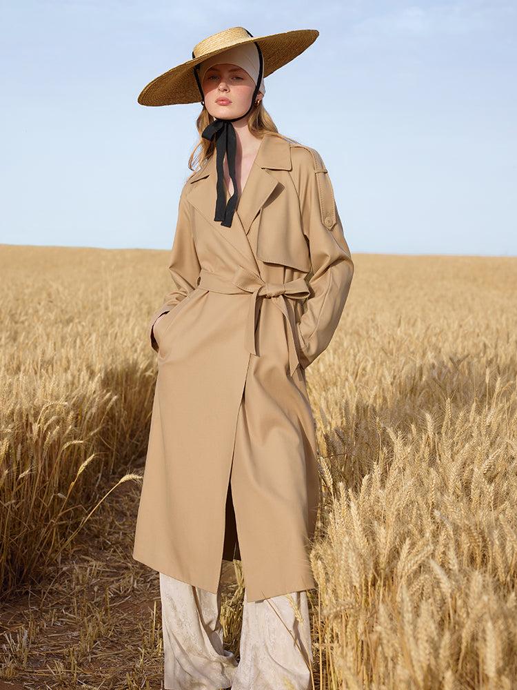 Worsted Wool Lapel Women Trench Coat With Belt Product Image