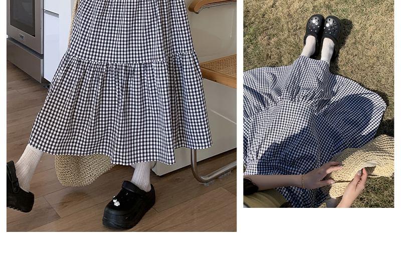 High Rise Plaid Midi A-Line Skirt Product Image