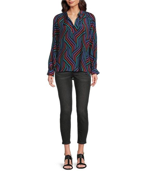 APNY Woven Geometric Print V-Neck Long Sleeve Blouse Product Image