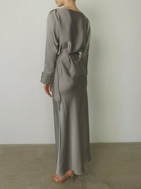 Loose Solid Color Split-Joint Boat Neck Long Sleeves Blouse & Shirt + Skirt Two Pieces Set Product Image