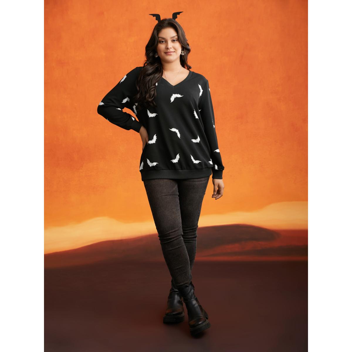 Plus Size Bat Print V-Neck Sweatshirt Women Black Casual Patchwork Loose V-neck Everyday Sweatshirts BloomChic 22-24/3X Product Image