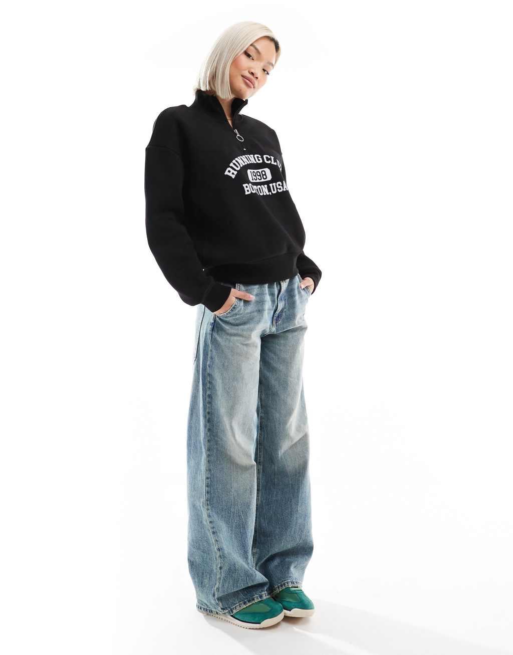 ASOS DESIGN Boston running club funnel neck half zip sweatshirt in black Product Image