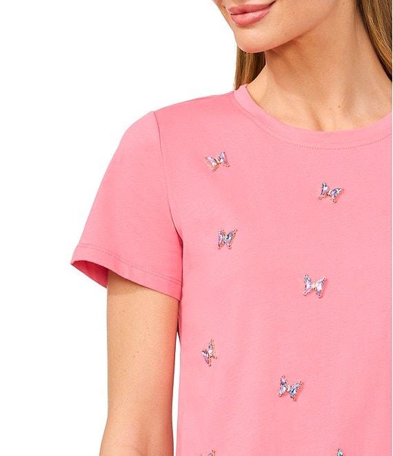 CeCe Knit Crew Neck Short Sleeve Gem Detailed Tee Product Image