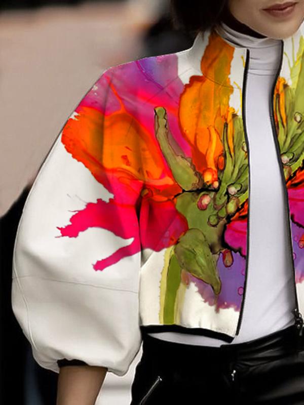 Loose Puff Sleeves Asymmetric Floral Printed Split-Joint High Neck Outerwear Product Image