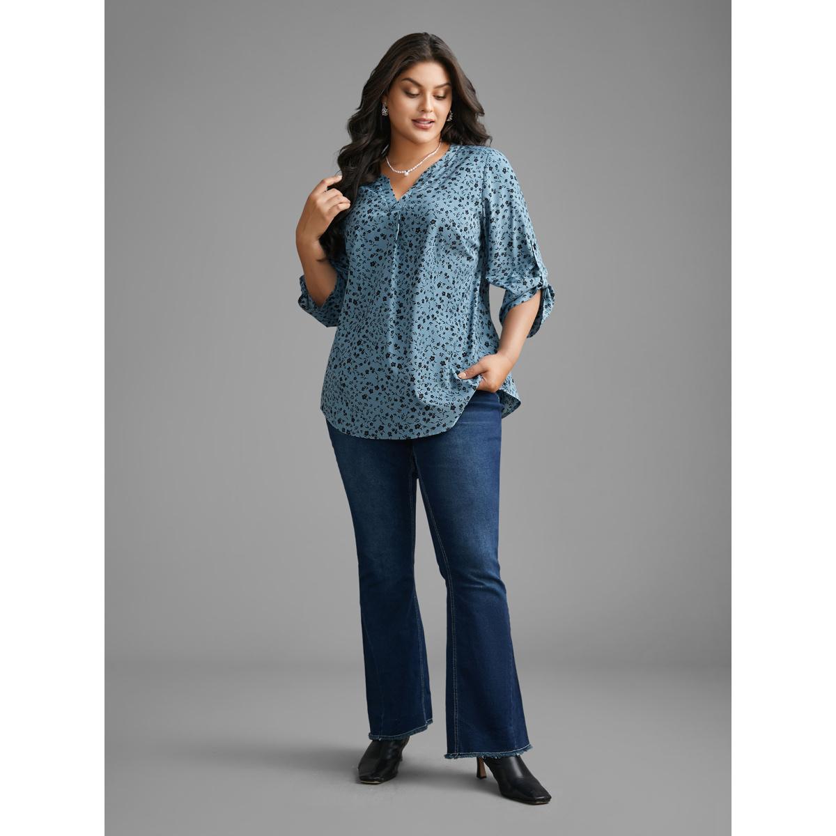 Plus Size Stone Ditsy Floral Button Cuff Sleeve Pleated Blouse Women Elegant Long Sleeve Flat collar with V-notch Everyday Blouses BloomChic 10/M Product Image