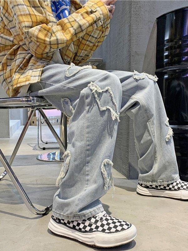 Men's Heart Patched Straight Leg Jeans Product Image