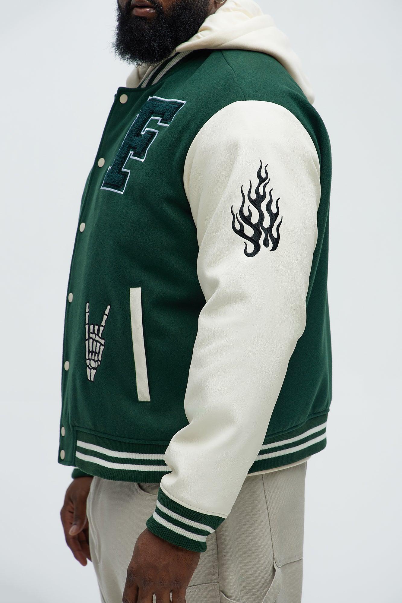 Biker Faux Leather Varsity Jacket - Green/combo Product Image