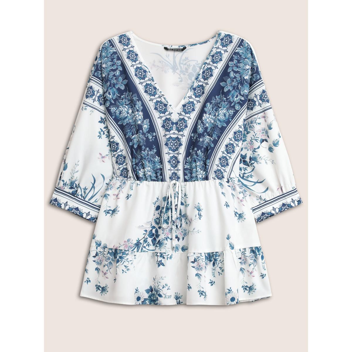 Plus Size Stone Boho Print Elastic Waist Ties Gathered Blouse Women Resort Elbow-length sleeve V-neck Vacation Blouses BloomChic 30/6X Product Image