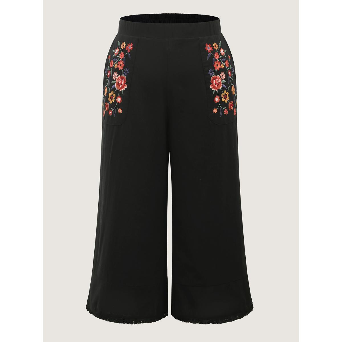 Plus Size Cotton Floral Embroidered Pockets Ribbed Hem Pants Women Black Boho Loose Mid Rise Vacation Pants BloomChic 28/5X Product Image