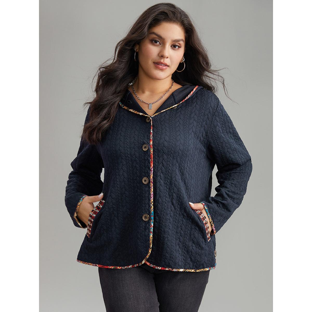 Plus Size Texture Pocket Patchwork Button Detail Jacket Women DarkBlue Texture Pocket Everyday Jackets BloomChic 14-16/1X Product Image