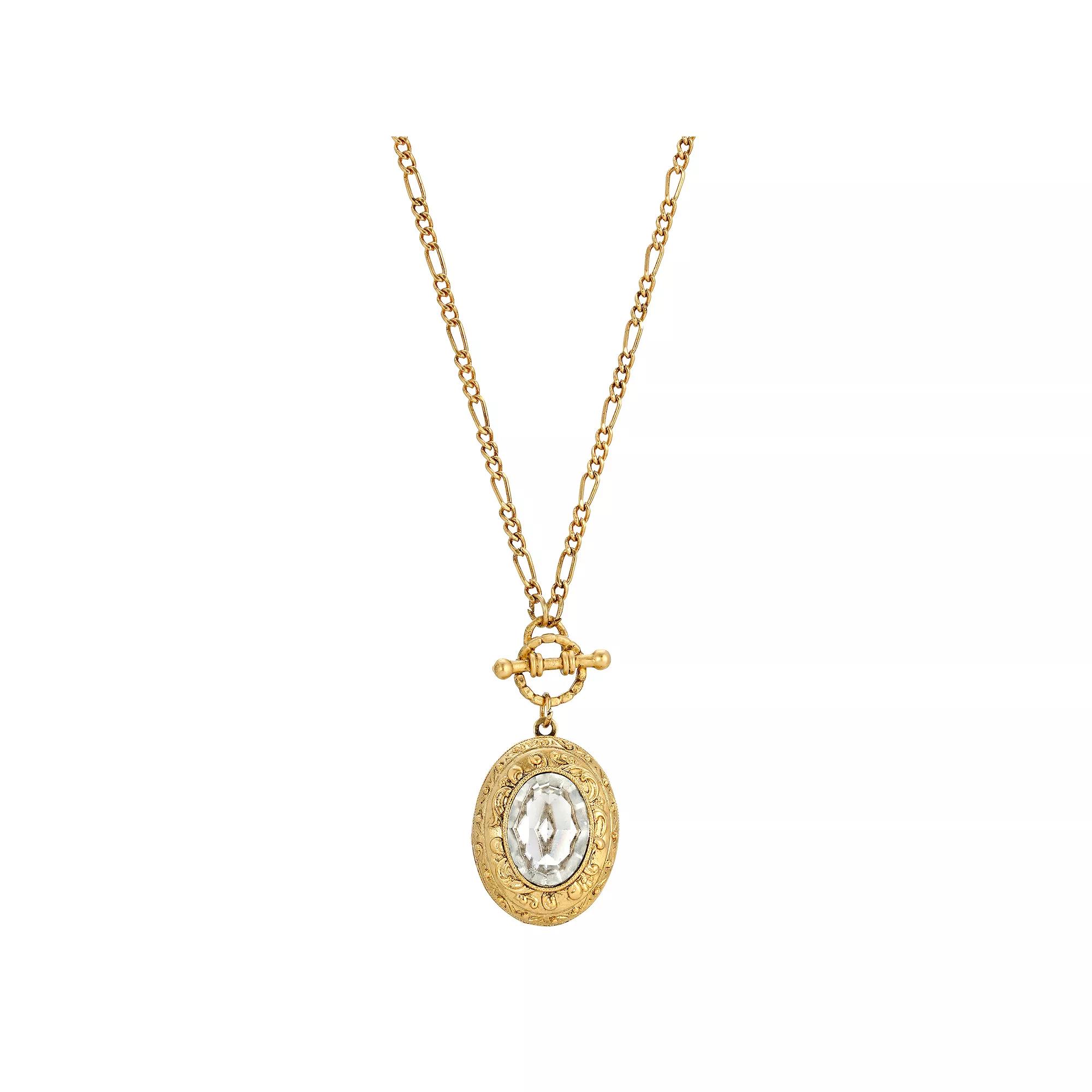 1928 Gold Tone Crystal Oval Stone Flower Locket Necklace, Womens Product Image