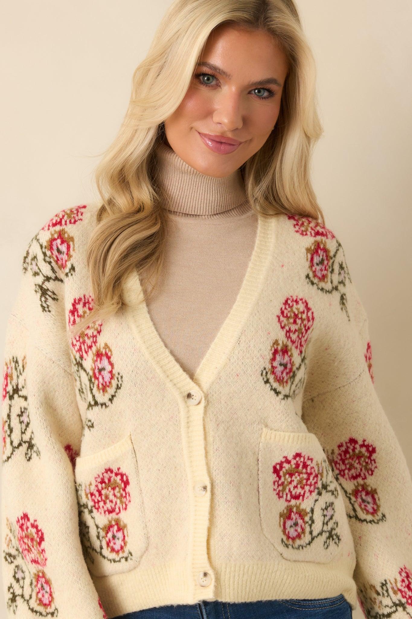 Garden Wishes Ivory Multi Knit Floral Button Up Cardigan Sweater L / Multi Product Image