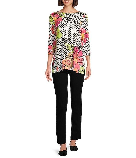 Multiples Petite Size Embellished Placement Print Scoop Neck 3/4 Sleeve Fitted Knit Top Product Image