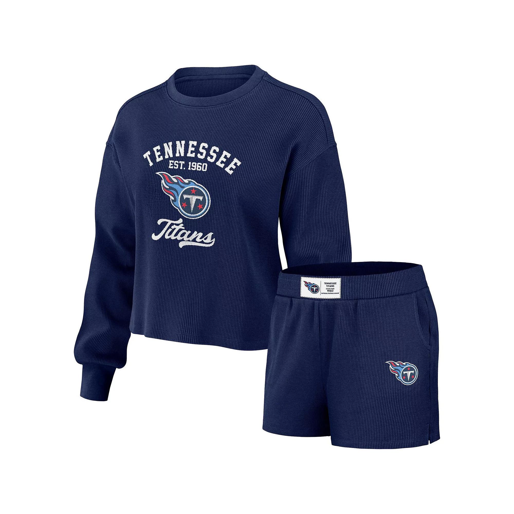 Women's WEAR by Erin Andrews Navy Denver Broncos Waffle Knit Long Sleeve T-Shirt & Shorts Lounge Set,  Product Image