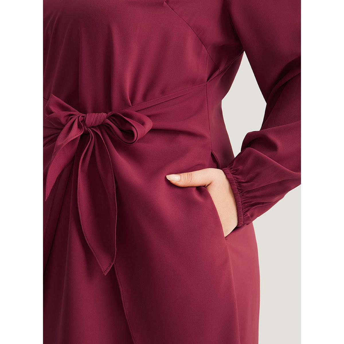 Plus Size Anti-Wrinkle Solid Ties Lantern Sleeve Dress Scarlet Women Office Elastic cuffs Notched collar Long Sleeve Curvy Knee Dress BloomChic 30/6X Product Image