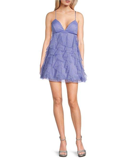 Pear Culture Glitter Mesh V-Neck Empire Waist Spaghetti Strap Star Dress Product Image