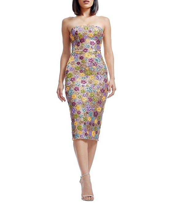 Dress the Population Viviana Sequin Floral Print Strapless Neck Sleeveless Sheath Midi Dress Product Image
