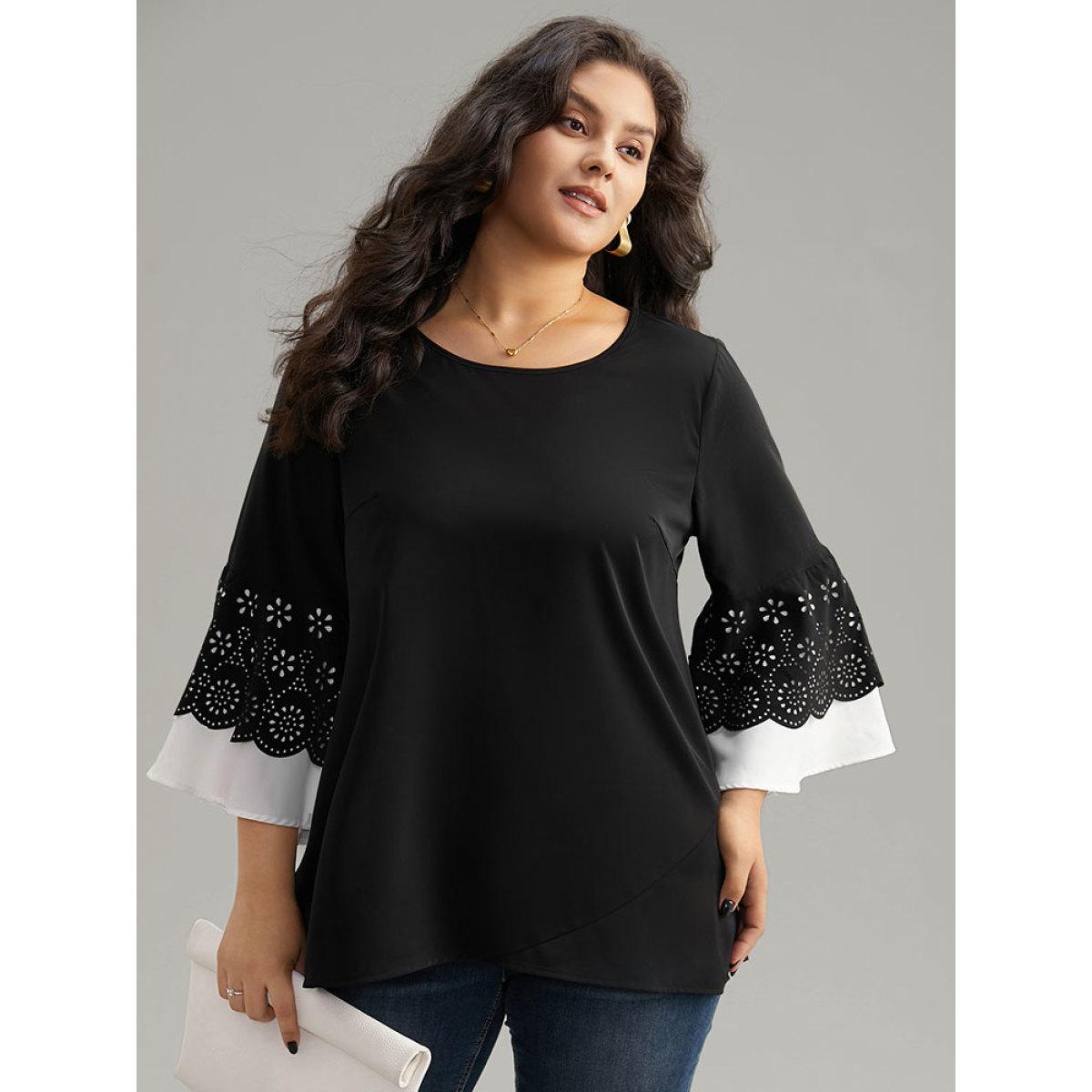 Plus Size Black Anti-Wrinkle Laser Cut Contrast Ruffles Blouse Women Office Long Sleeve Round Neck Office Blouses BloomChic 12/L Product Image