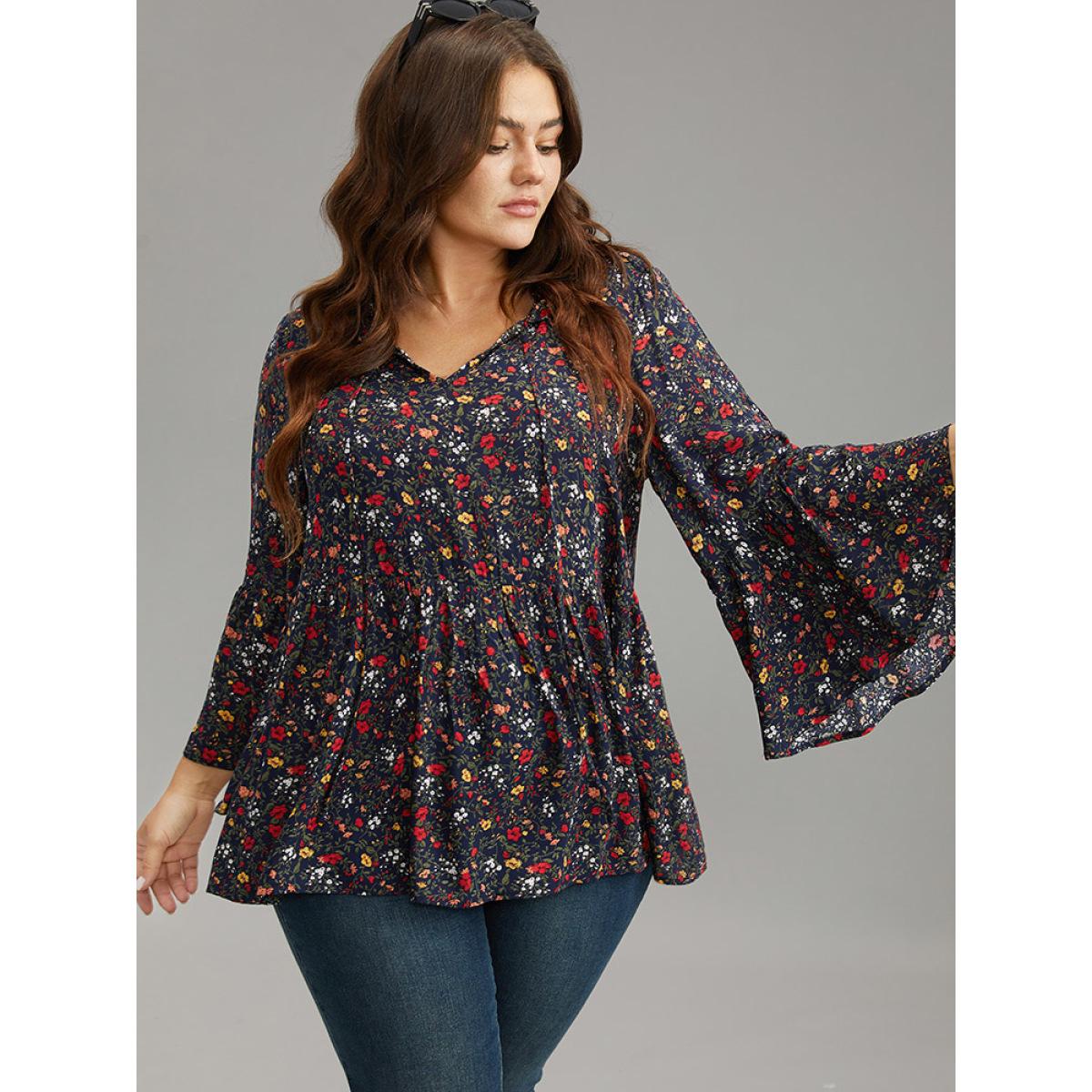 Plus Size Indigo Floral Tie Neck Frill Trim Bell Sleeve Blouse Women Elegant Long Sleeve Tie Neck Dailywear Blouses BloomChic 26/4X Product Image