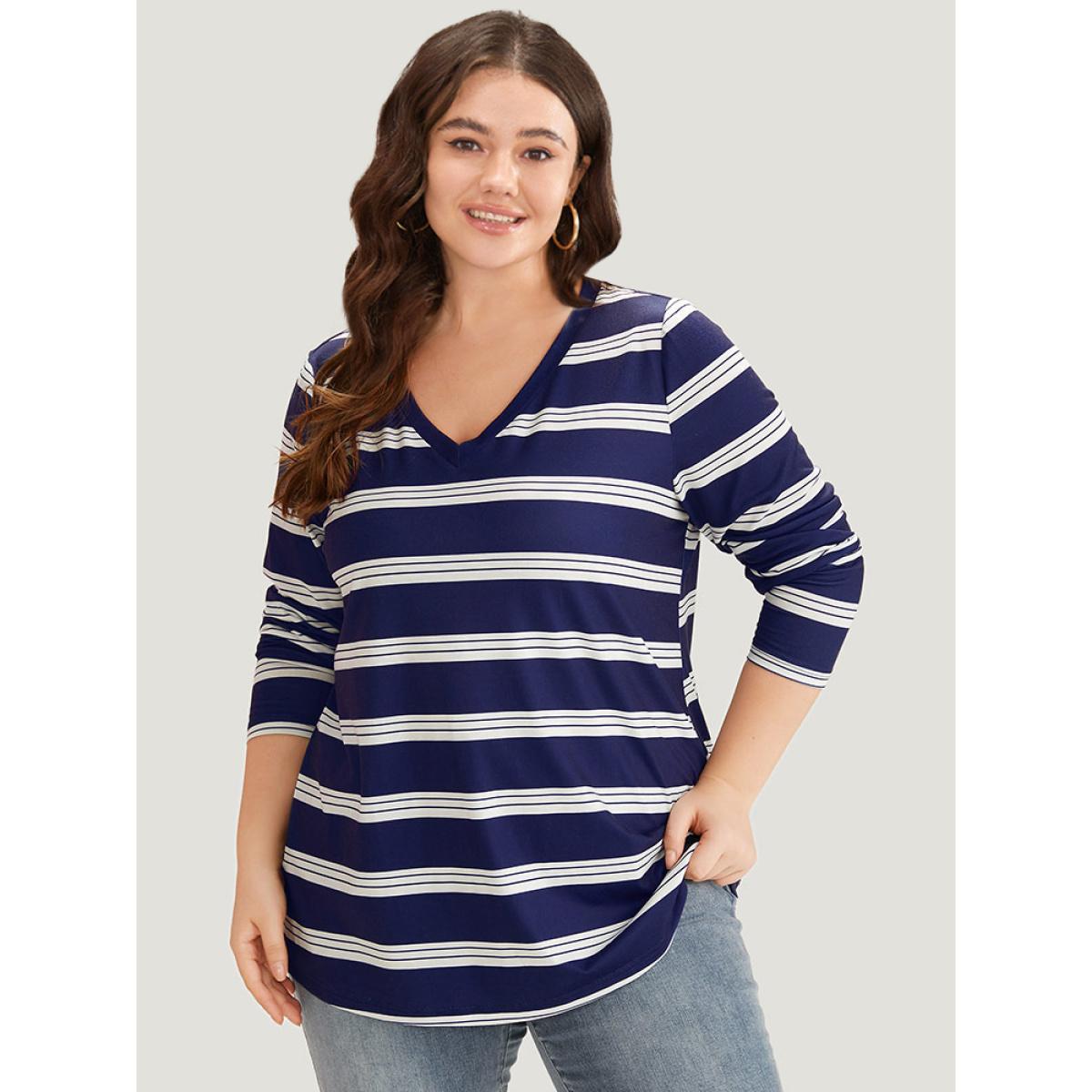 Plus Size Striped Print V Neck T-shirt DarkBlue Women Casual Printed Striped V-neck Dailywear T-shirts BloomChic 12/L Product Image
