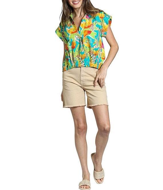 APNY Woven Printed Split V-Neck Short Sleeve Blouse Product Image