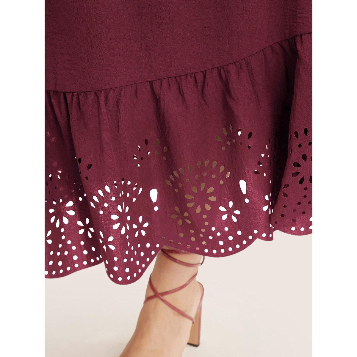 Plus Size Solid Laser Cut Shirred Pocket Wrap Scalloped Trim Flutter Dress Burgundy Women Elegant Non V-neck Short sleeve Curvy Midi Dress BloomChic 28/5X Product Image