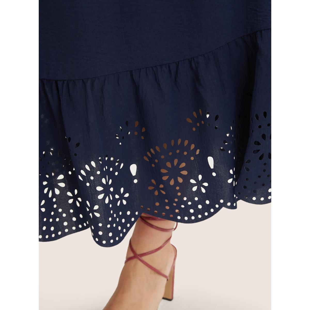 Plus Size Solid Laser Cut Shirred Pocket Wrap Scalloped Trim Flutter Dress Navy Women Timeless Non V-neck Short sleeve Curvy Midi Dress BloomChic 22-24/3X Product Image