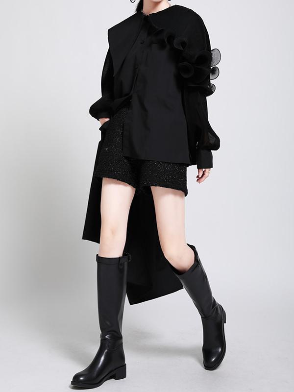 Long Sleeves Loose Asymmetric Pleated Solid Color Split-Joint Falbala Lapel Blouses&Shirts Tops Product Image