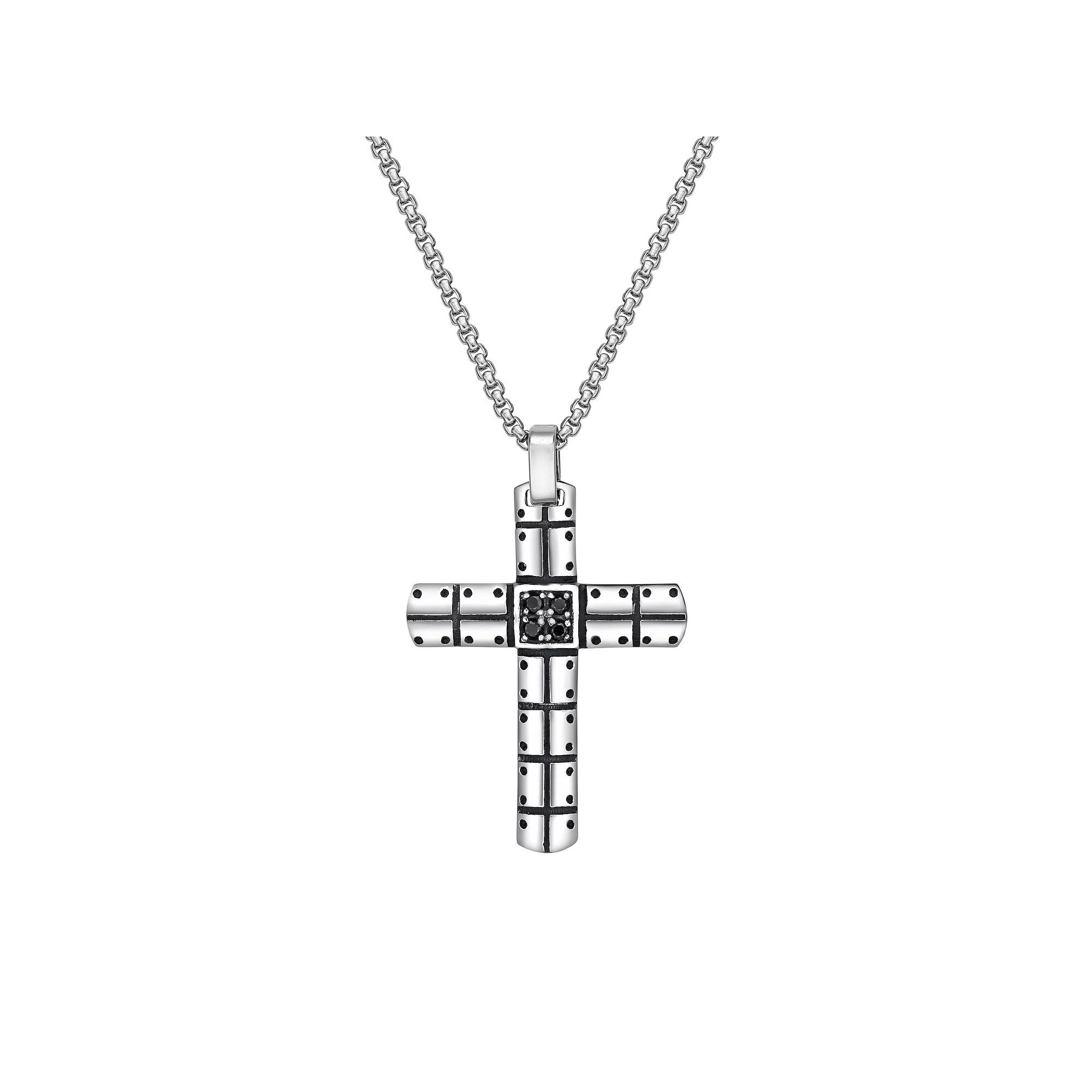 LYNX Stainless Steel Cross Pendant Cubic Zirconia Black Ion-Plated 24" Men's Necklace, Two Tone Product Image