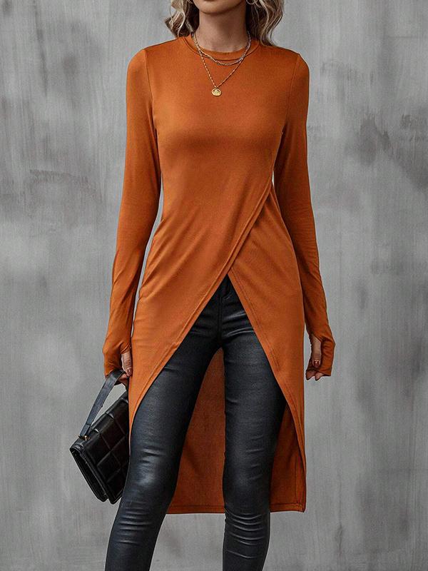 High-Low Long Sleeves Solid Color Split-Joint Round-Neck T-Shirts Tops Product Image