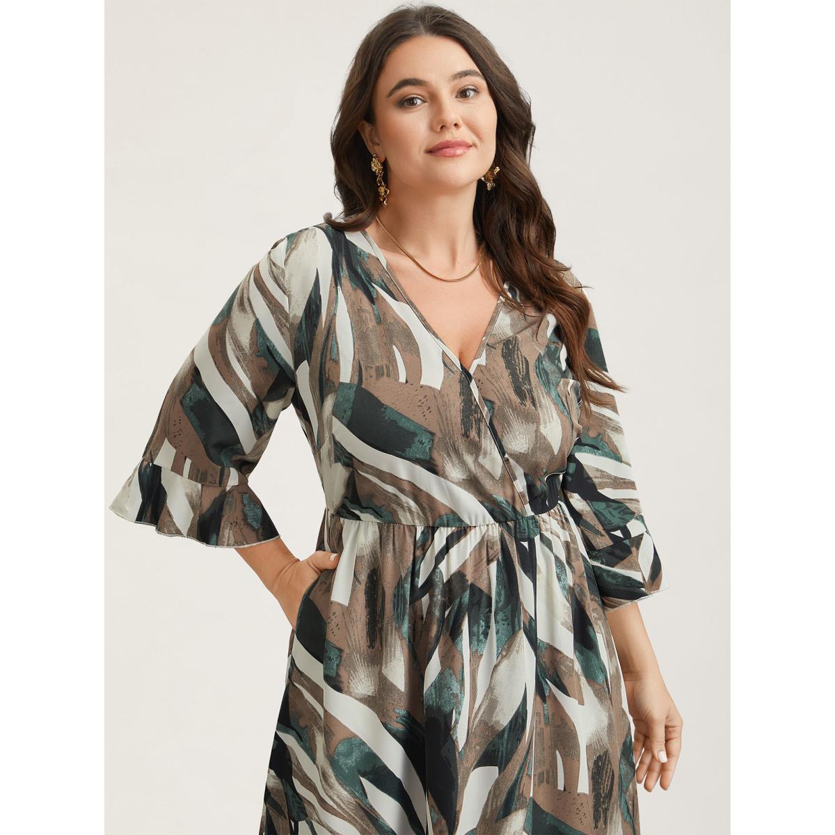 Plus Size Abstract Print Lotus Leaf Cuff Pockets Dress DarkBrown Women Elegant Ruffles Overlap Collar Elbow-length sleeve Curvy BloomChic 22-24/3X Product Image
