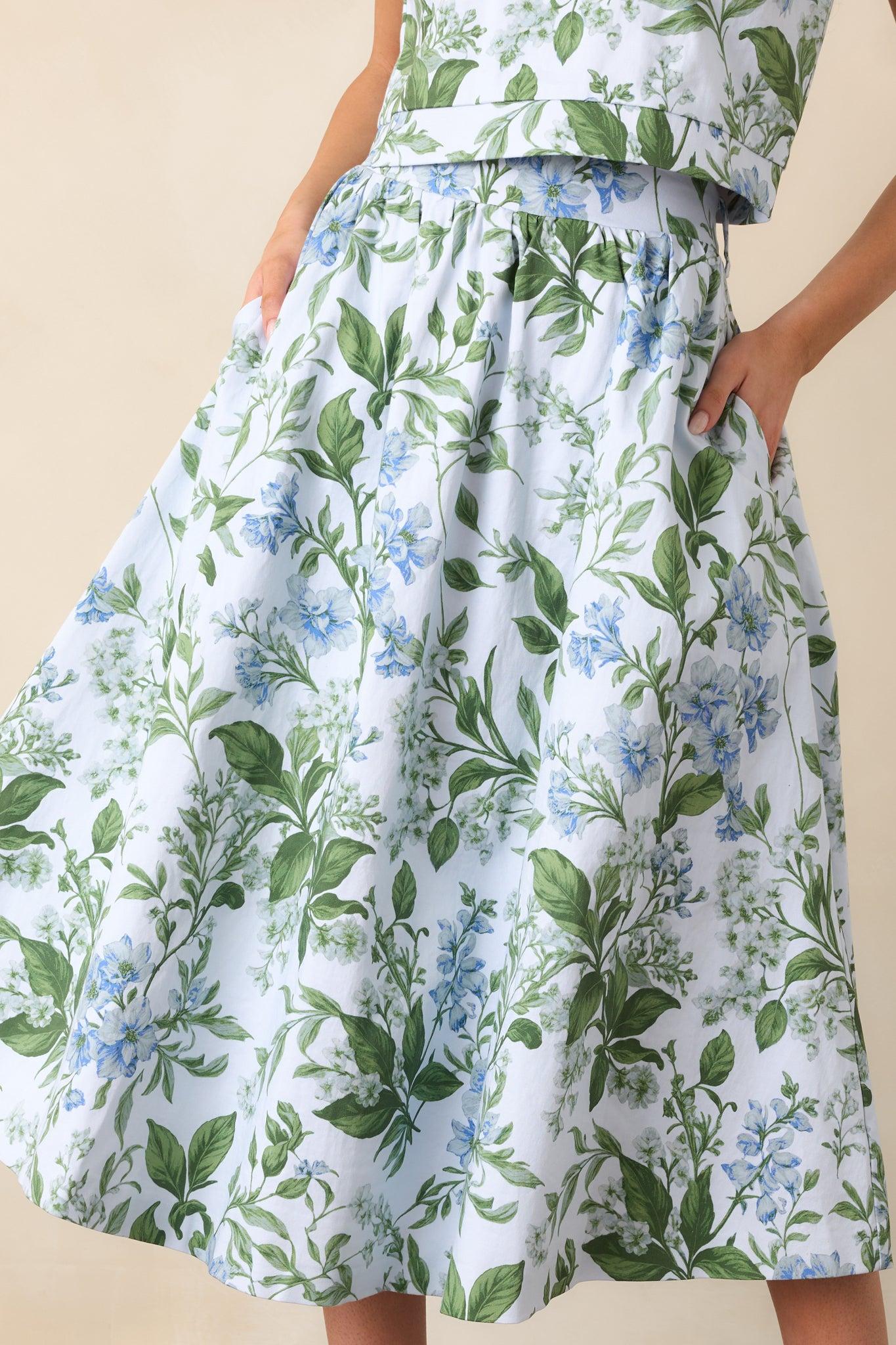 Thena Blue Lilacs Botanical Print Cotton Midi Skirt Product Image