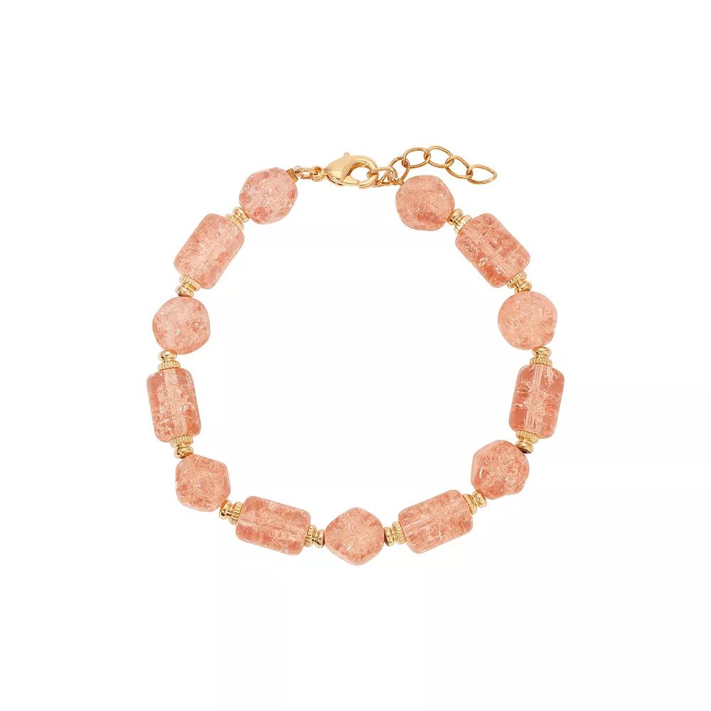1928 Gold Tone Peach Cracked Glass Beaded Bracelet, Women's, Pink Product Image