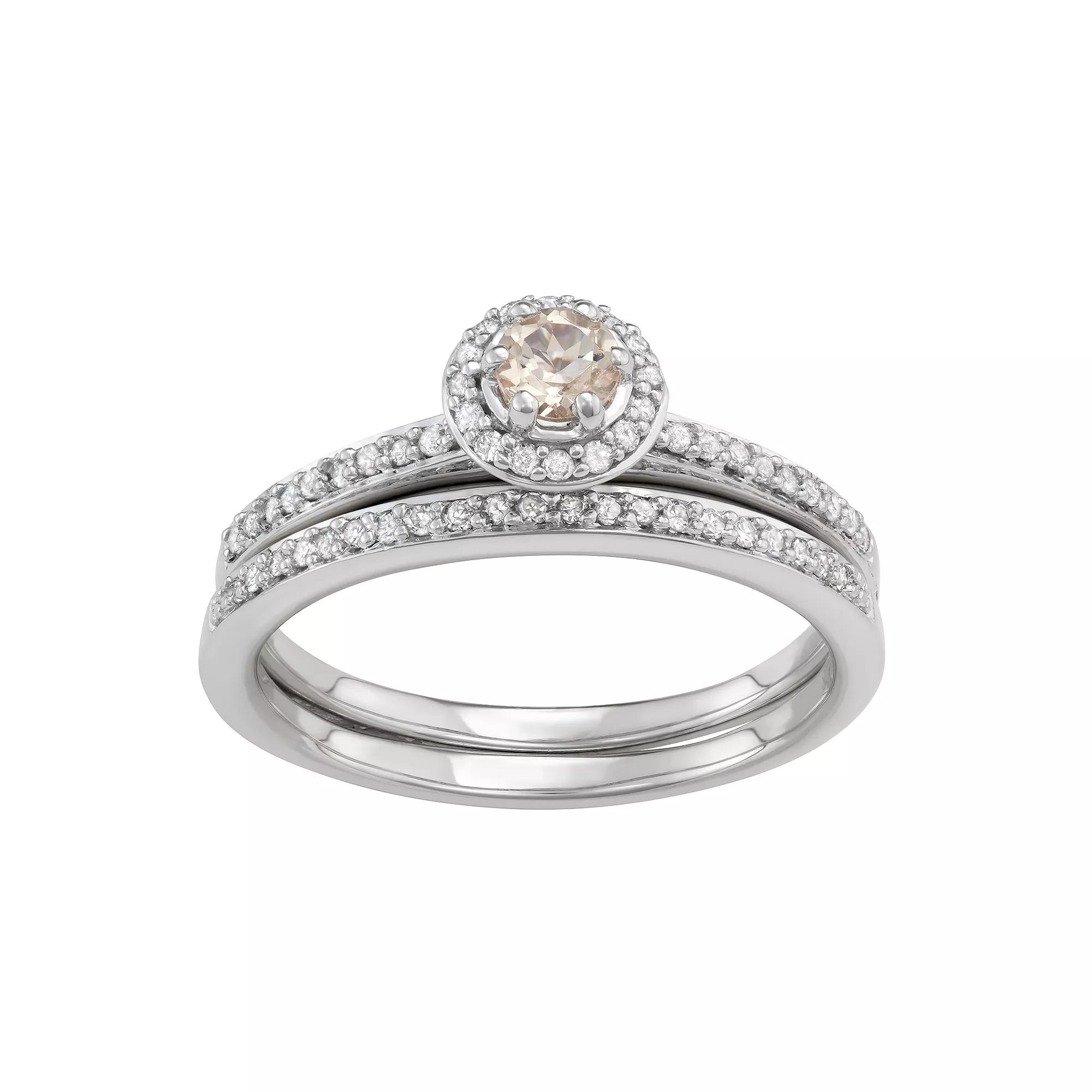 10k White Gold 1/3 Carat T.W. Diamond & Morganite Halo Engagement Ring Set, Women's, Size: 7, 10k Whgold Product Image