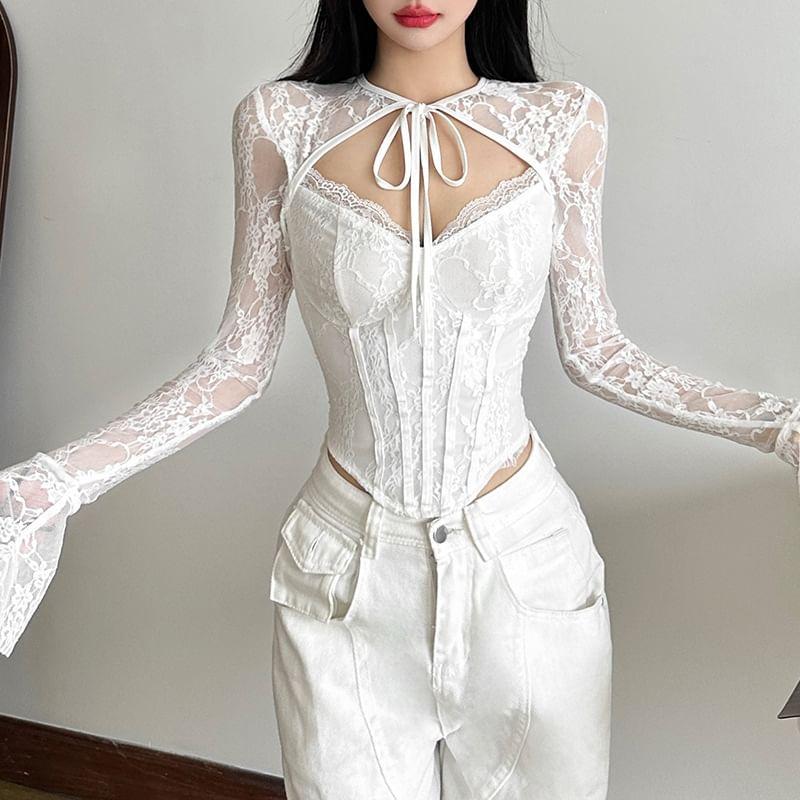 Bell Sleeve Lace Panel Plain Tie-Front Corset Top Product Image