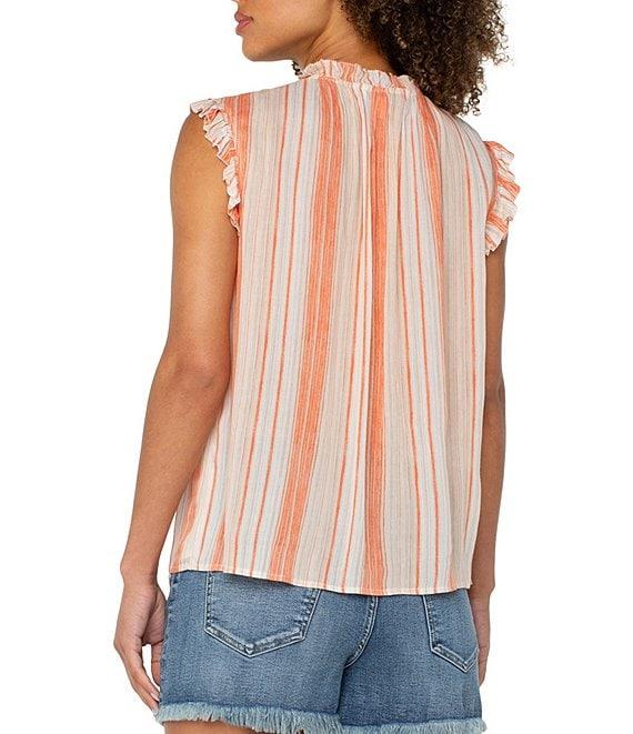 Liverpool Los Angeles Woven Stripe V-Neck Tassel Tie Ruffle Trim Blouse Product Image