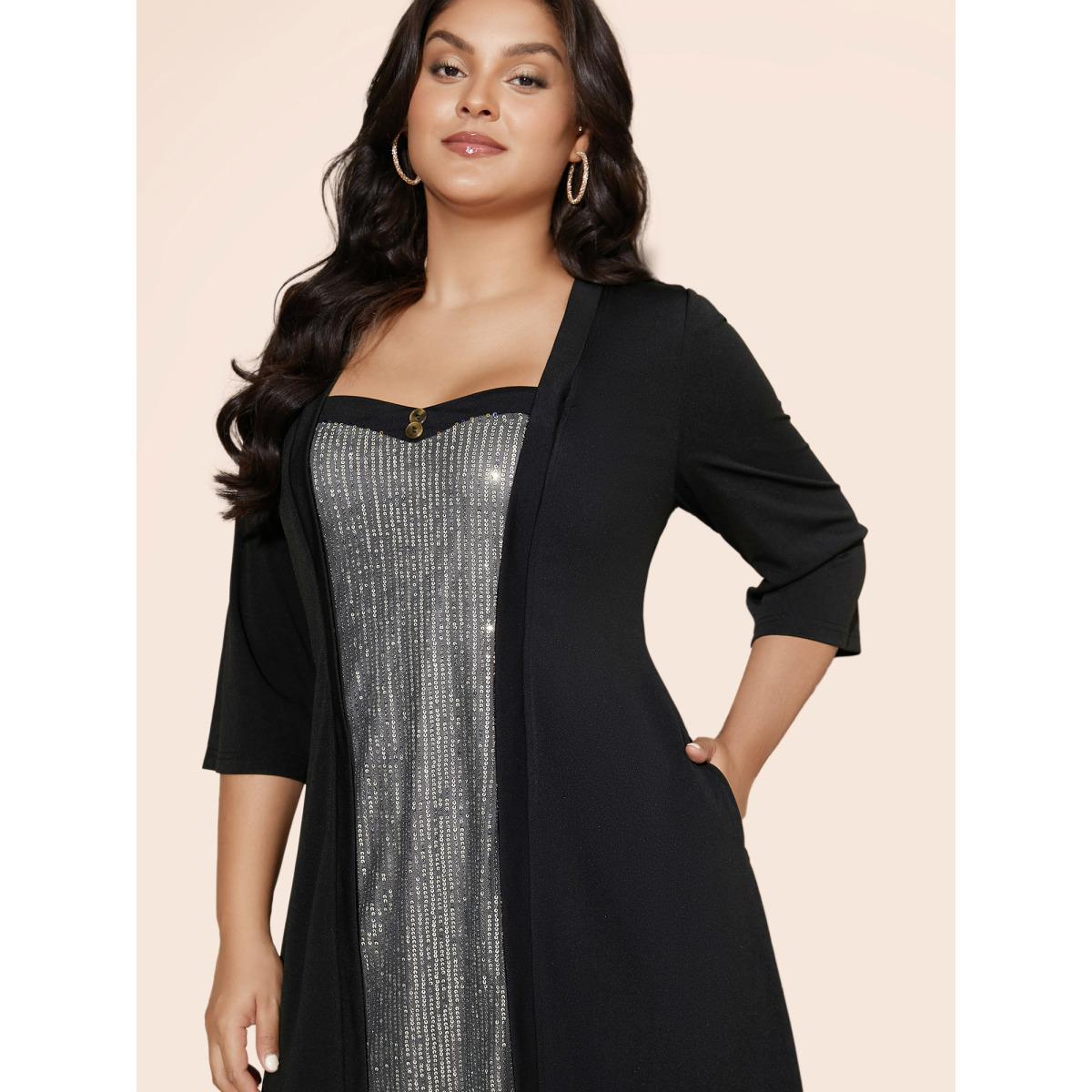 Plus Size Heart Neckline Patchwork Sequin Button Detail Dress Silver Women Party&Cocktail Texture Party Curvy Bloomchic 22-24/3X Product Image