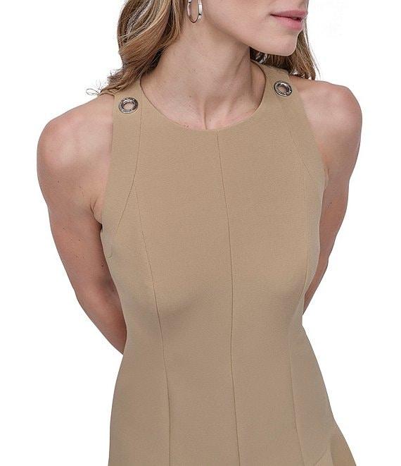 DKNY by Donna Karan Solid Crepe Crew Neck Sleeveless Flounce Hem Fit & Flare Dress Product Image