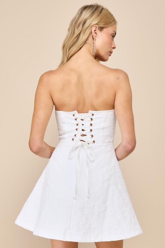 Most Adorable White Floral Jacquard Strapless Lace-Up Mini Dress Product Image