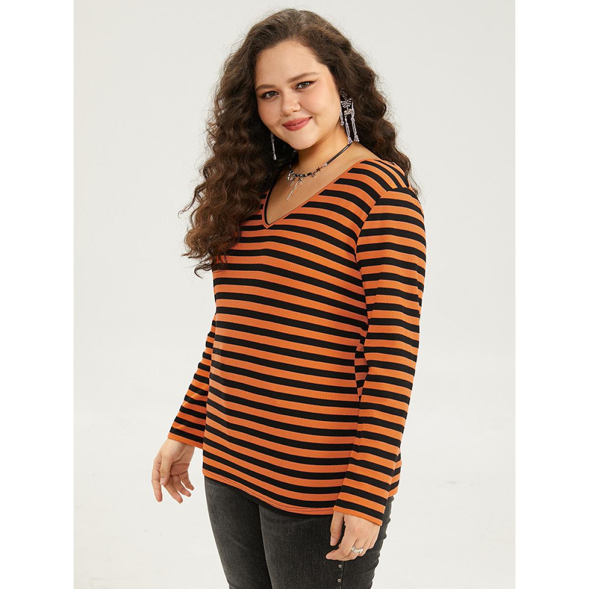 Plus Size Halloween V Neck Contrast Striped T-shirt Chocolate Women Casual Contrast Striped V-neck Festival-Halloween T-shirts BloomChic 18-20/2X Product Image