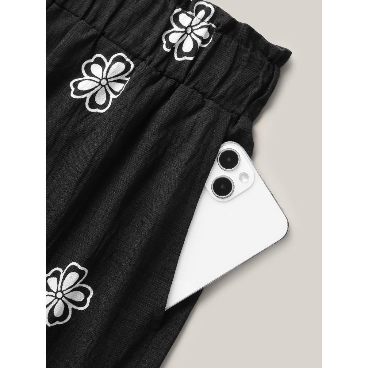 Plus Size Boho Print Drawstring Wide-Leg Pants Women BlackFlower Resort Wide Leg Mid Rise Vacation Pants BloomChic 10/M Product Image