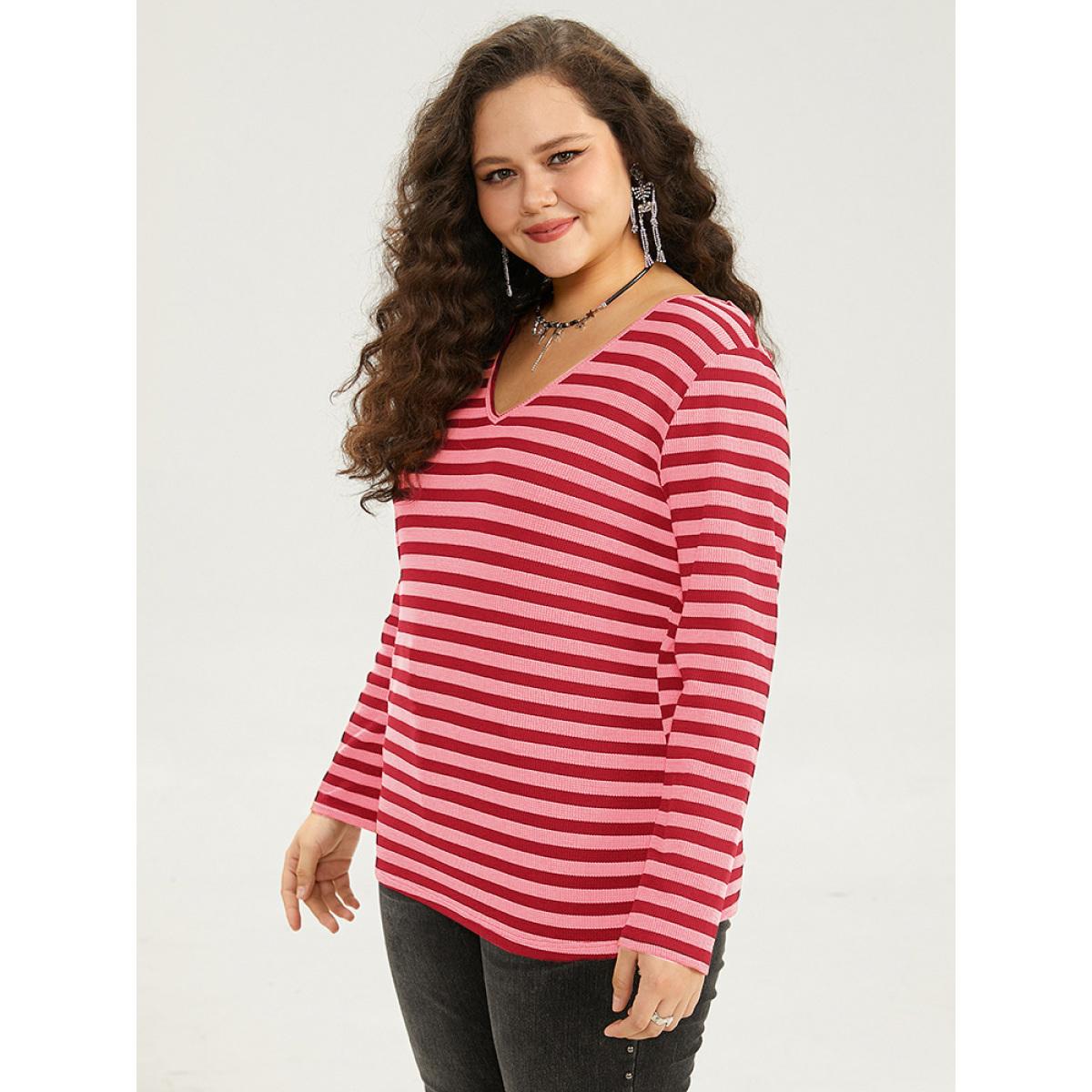 Plus Size Halloween V Neck Contrast Striped T-shirt Red Women Casual Contrast Striped V-neck Festival-Halloween T-shirts BloomChic 18-20/2X Product Image