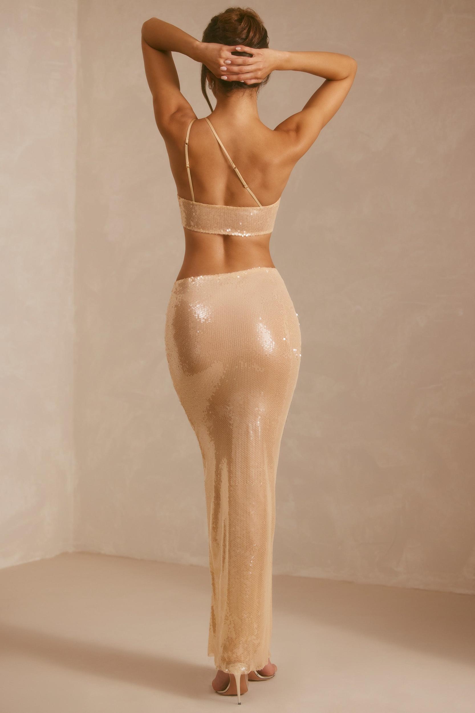 Sheer Sequin One Shoulder Cut Out Maxi Dress in Tan Product Image