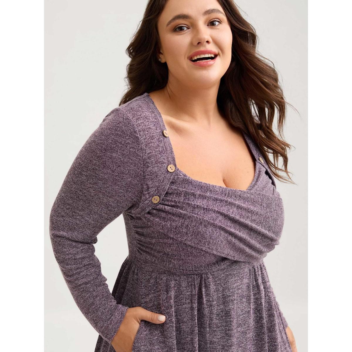 Plus Size Heart Neckline Button Detailing Crossover Fit Dress Mauve Women Casual Gathered Knit Dresses Bloomchic 14-16/1X Product Image