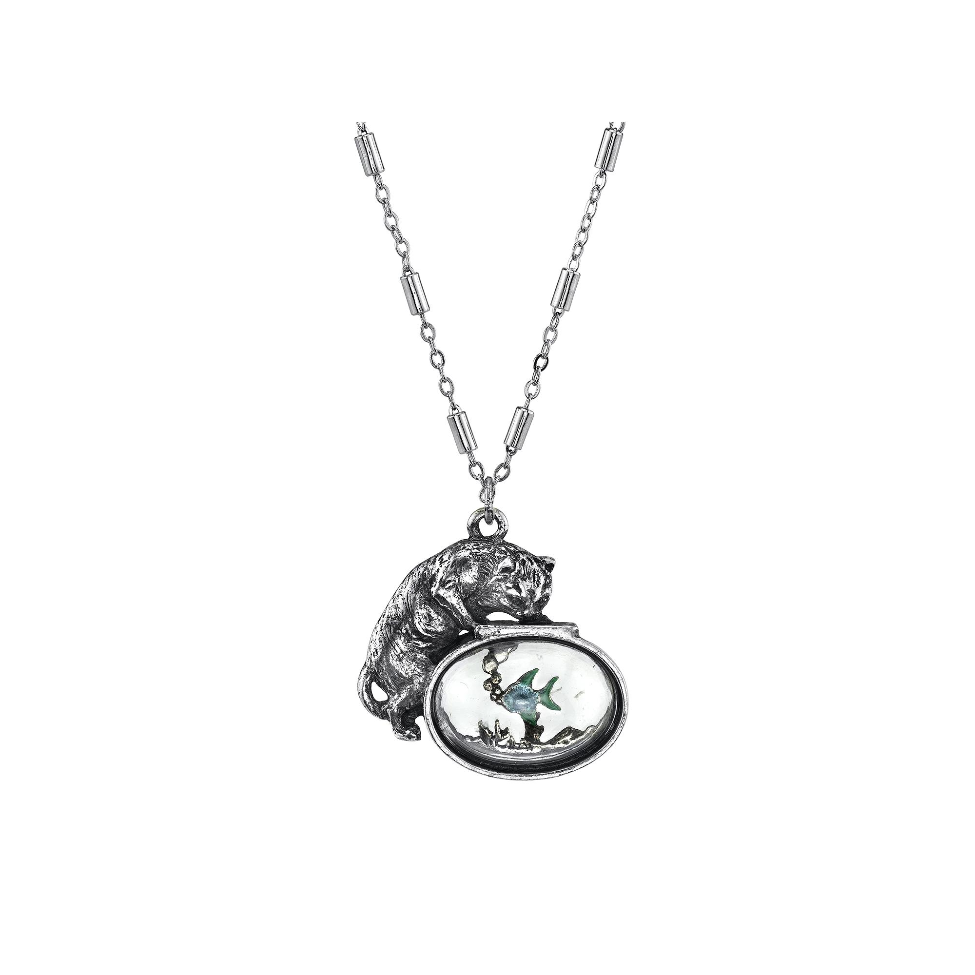 1928 Cat & Fish Pendant Necklace, Womens, Blue Product Image