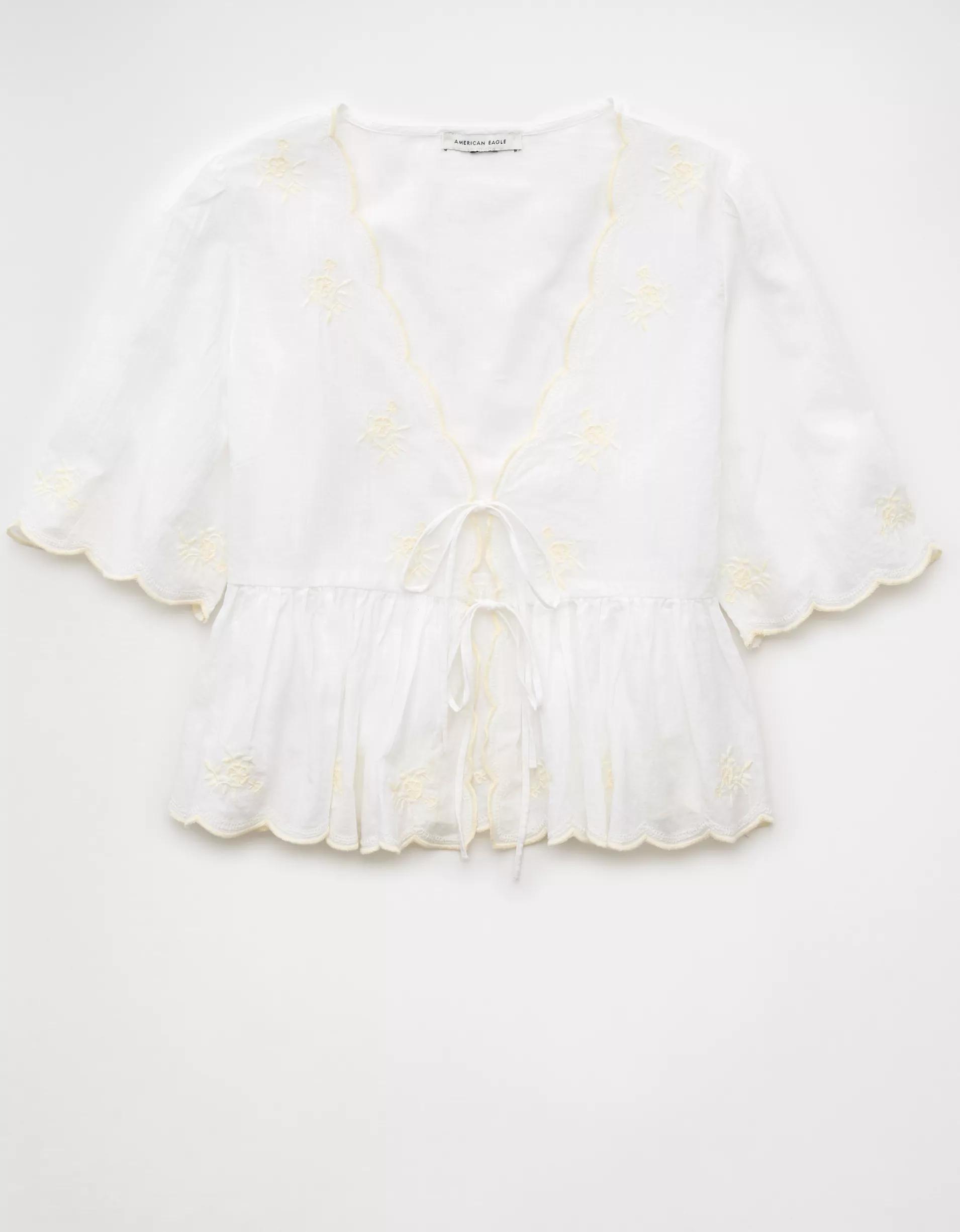 AE Embroidered Tie Front V-Neck Blouse Product Image