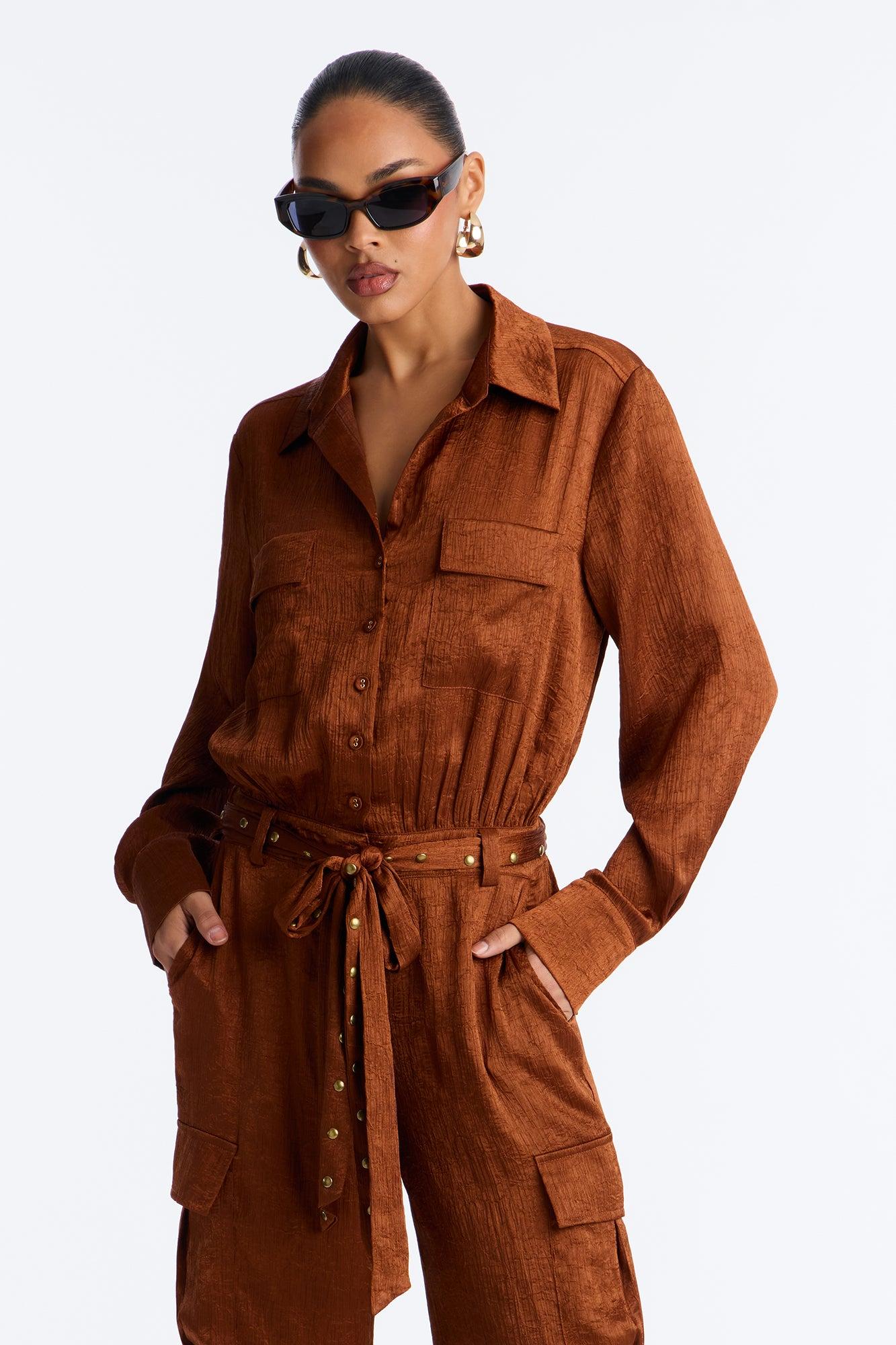 Myla Satin Cargo Jumpsuit - Bronze Female Product Image