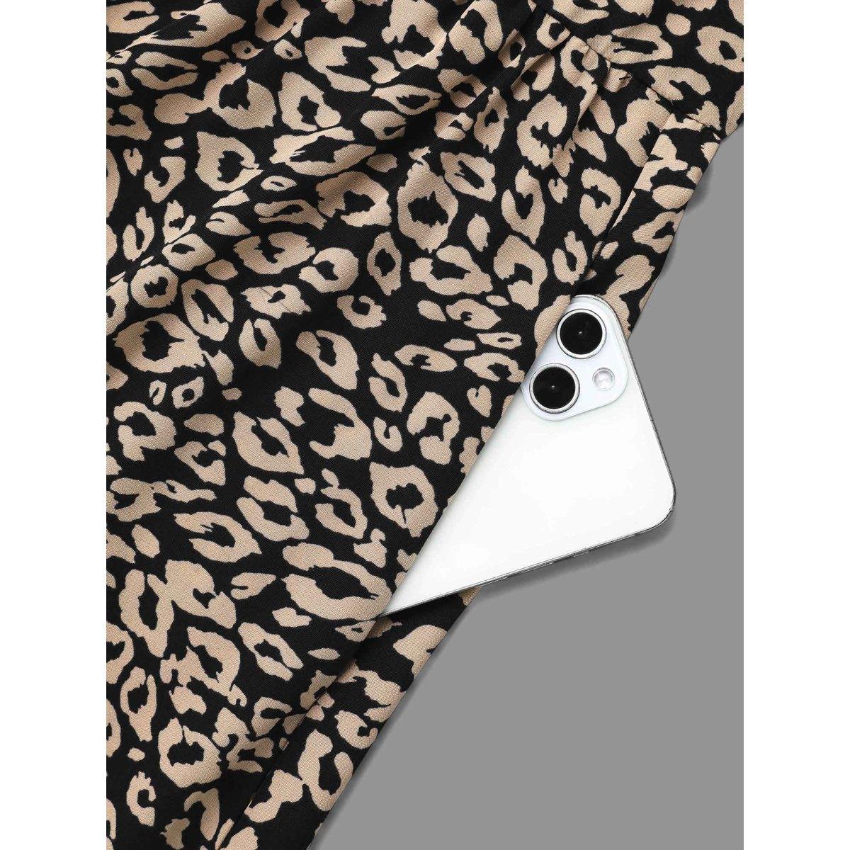 Plus Size Leopard Print Tiered Hem Pockets Midi Dress BlackFlower Women Elegant Tie knot V-neck Long Sleeve Curvy BloomChic 28/5X Product Image