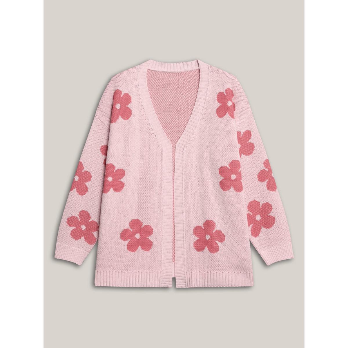 Plus Size Floral Jacquard Ribbed Hem Knit Cardigan Lightpink Women Casual Loose Long Sleeve Everyday Cardigans BloomChic 12/L Product Image